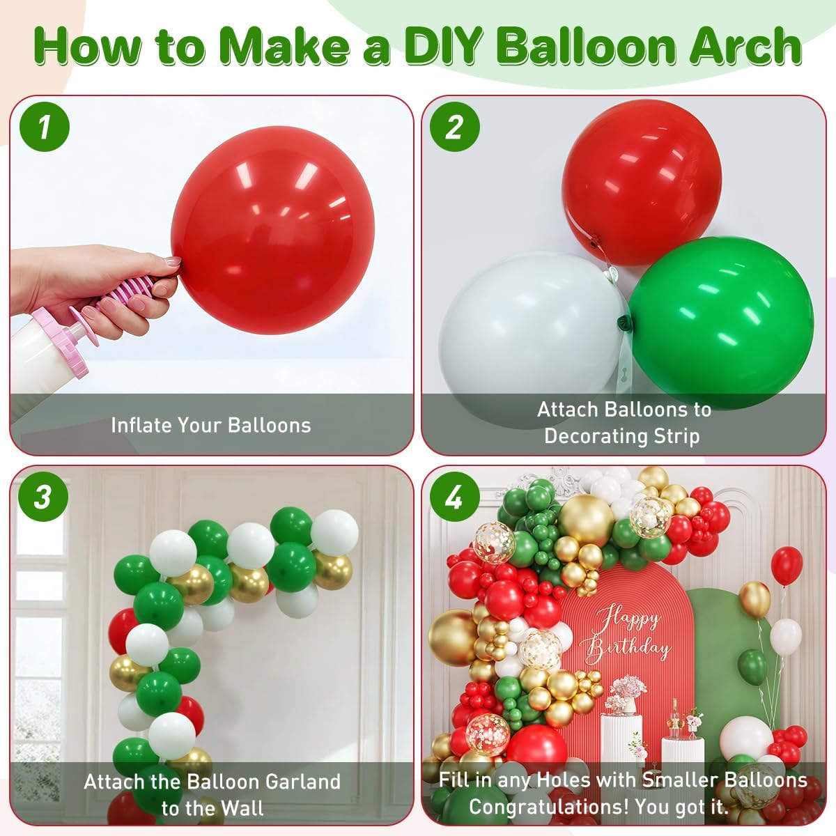 Kırmızı Beyaz Yeşil ve Altın B - Balloon Arch Kit incelemesi ve fiyatı